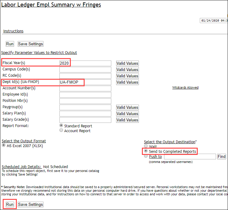 Screenshot of Labor Ledger Empl Summary w Fringes Query