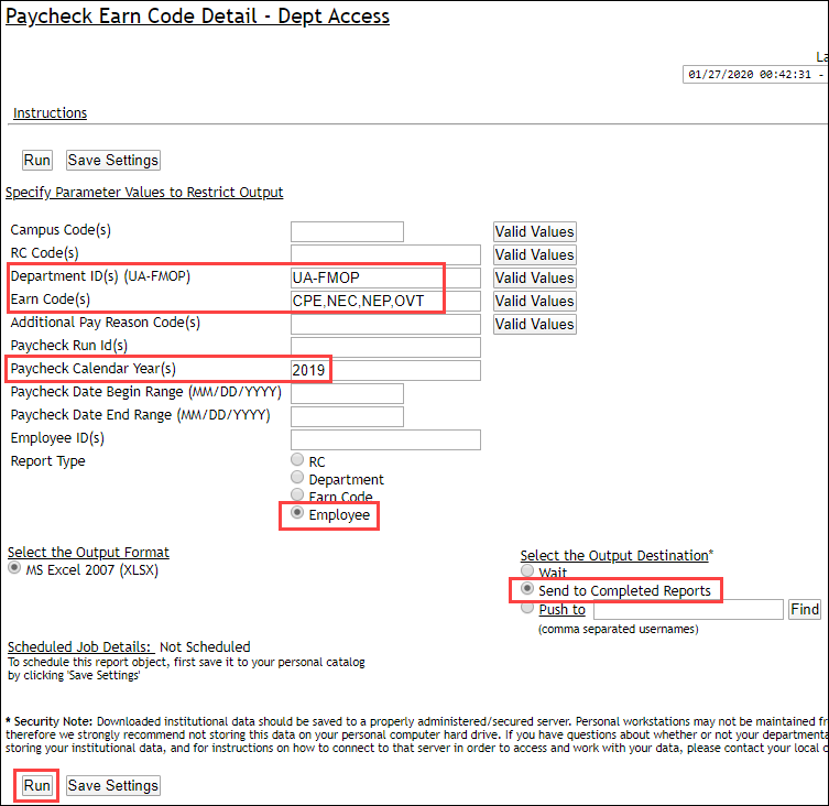 Screenshot of Paycheck Earn Code Detail Query